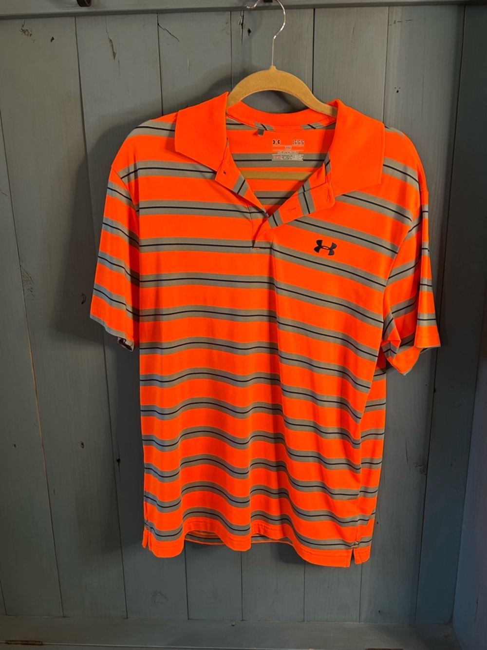 Under Armour Men’s Bright Orange Striped Polo with Gray Accents | Mens large